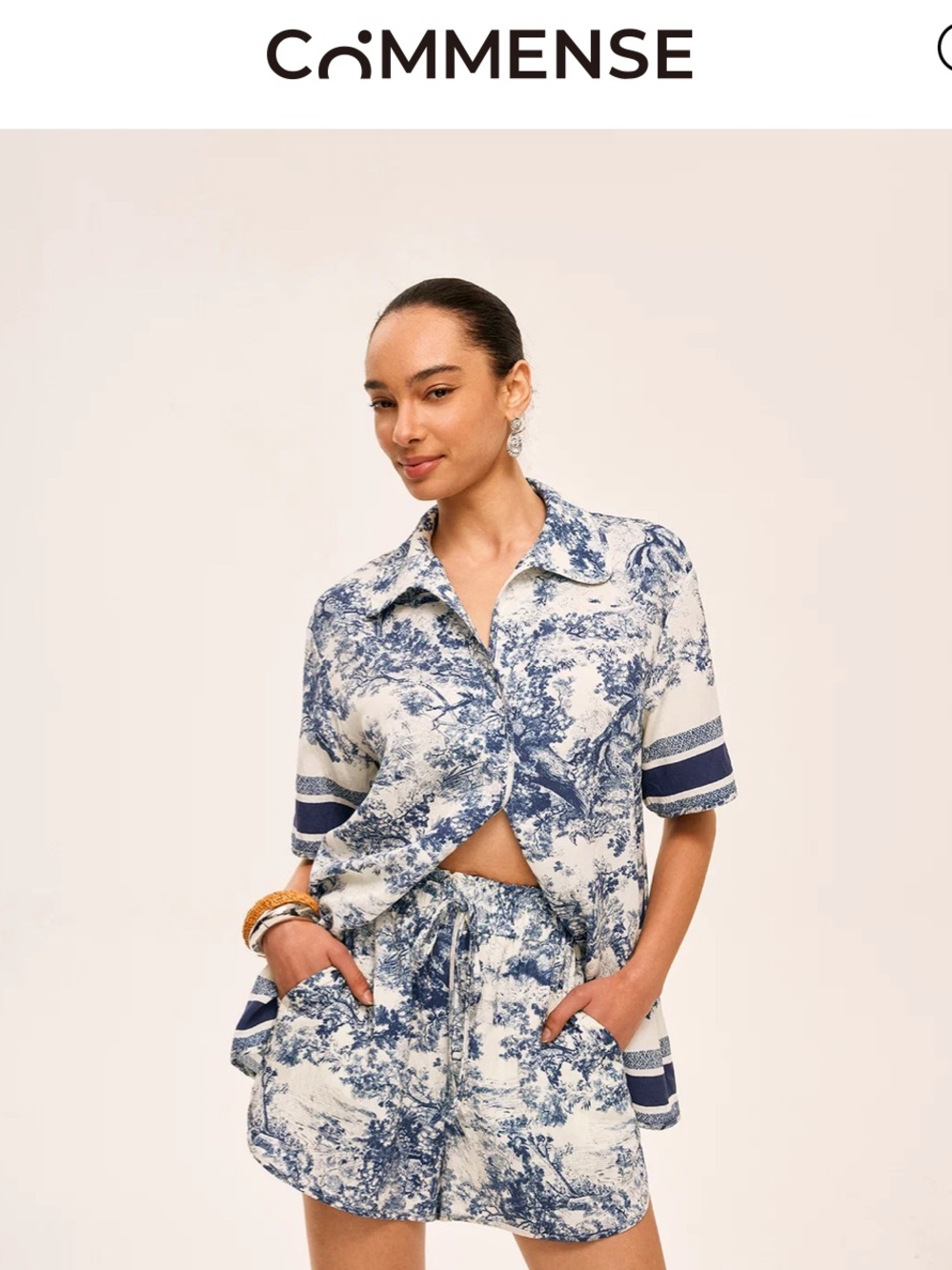 Commense Navy Blue and White Printed Short Set with Contrast Trim